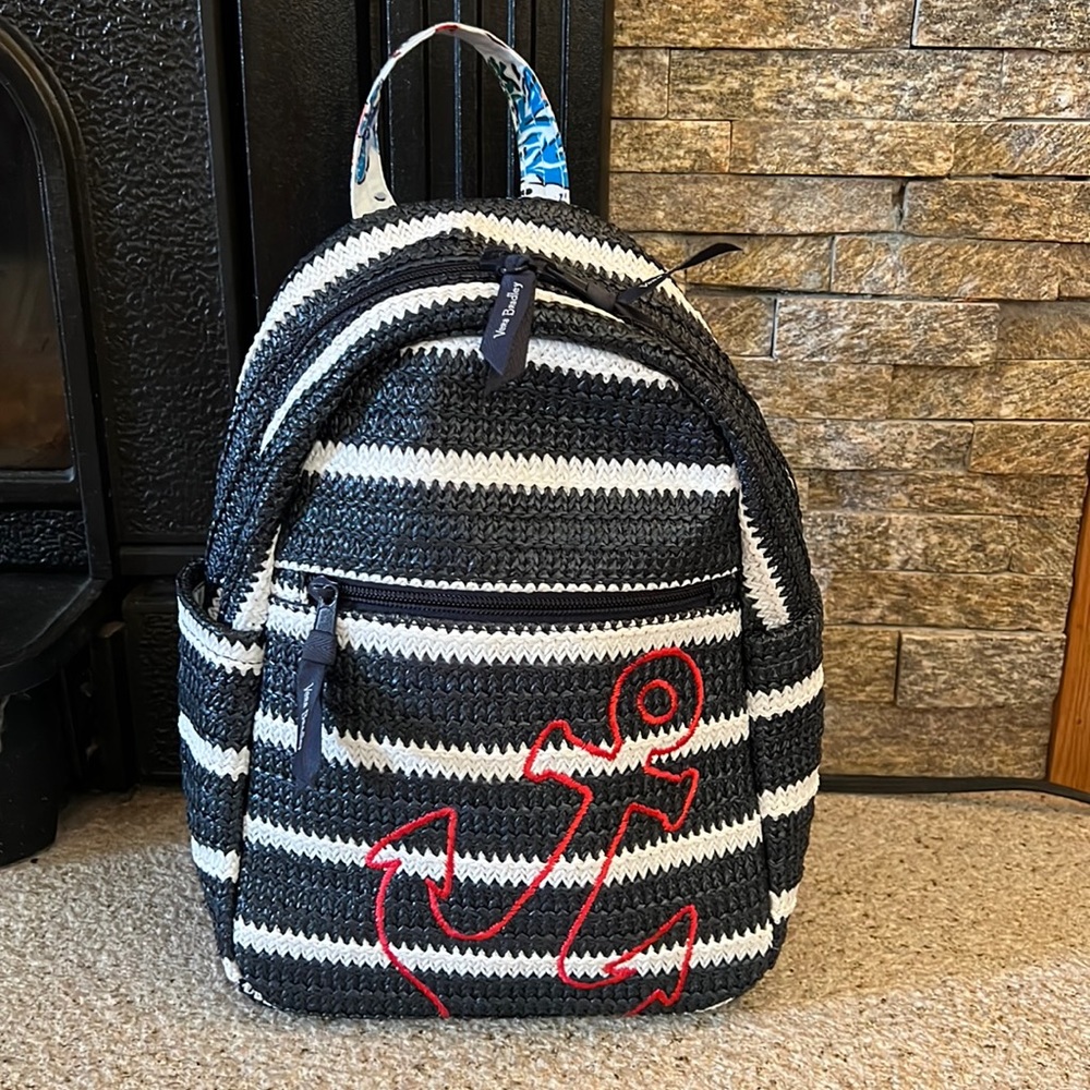 Vera Bradley Black and White Striped Backpack with Red Anchor